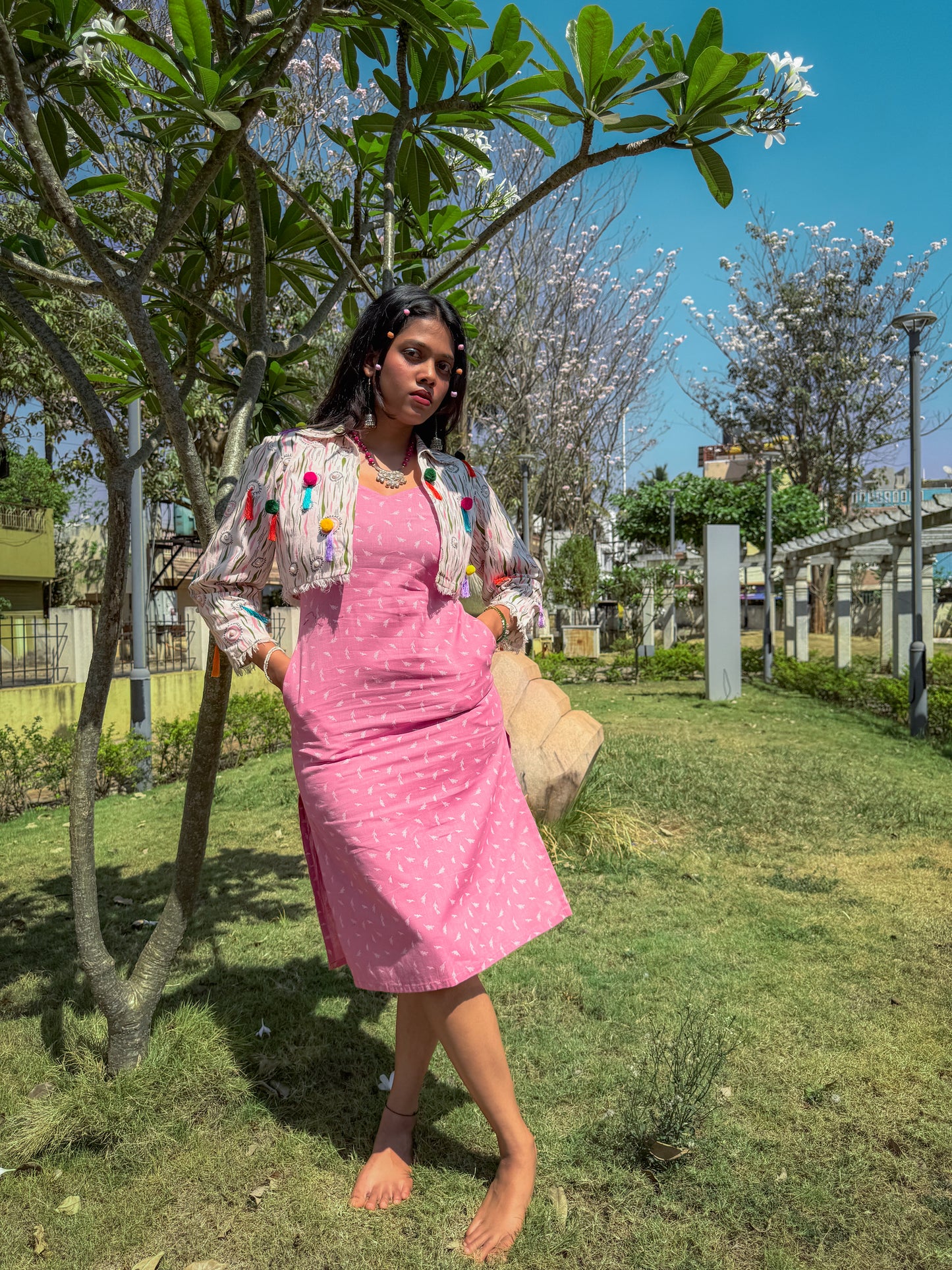 Printed cotton-linen flamingo pink slip dress with V neckline paired with Bubblegum Pop Cropped Jacket styled for a brunch look.