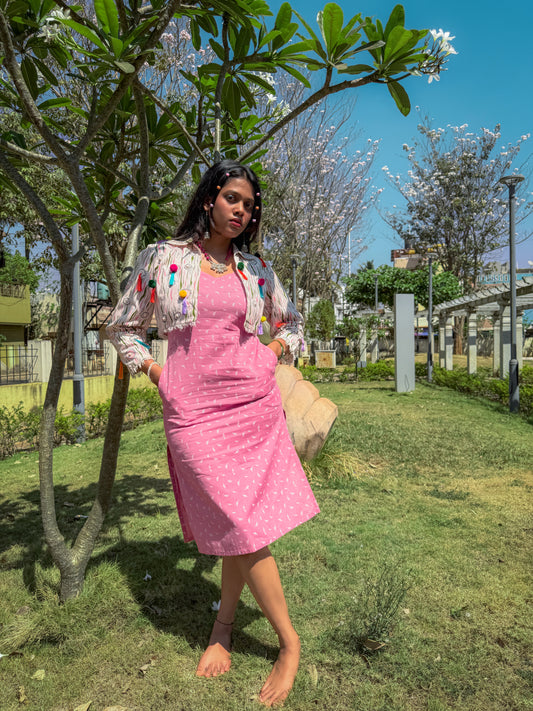 Printed cotton-linen flamingo pink slip dress with V neckline paired with Bubblegum Pop Cropped Jacket styled for a brunch look.