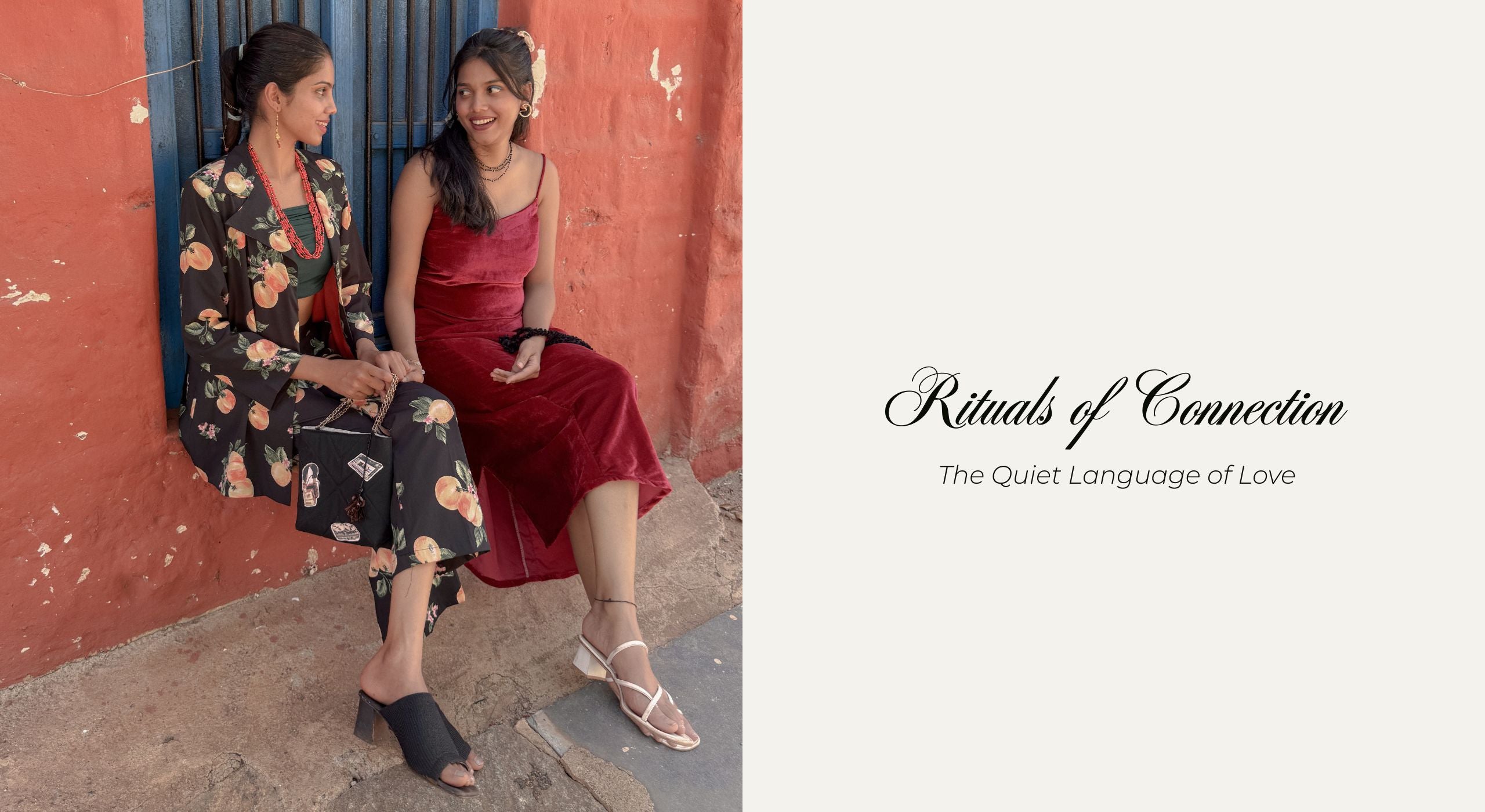 Two women sitting together with a text overlay about connection and love.