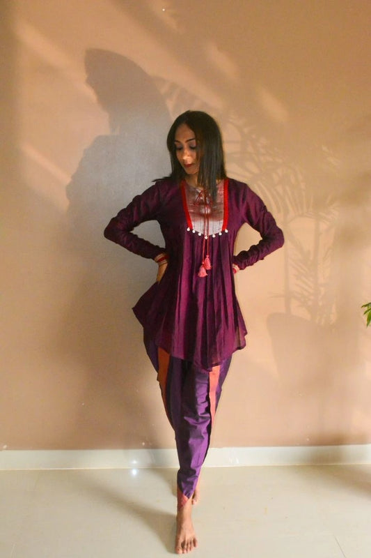 Purple Stripe Jamini Tunic Set with detailed yoke and tassel tie-up neckline, long ruched sleeves, and dhoti pants.