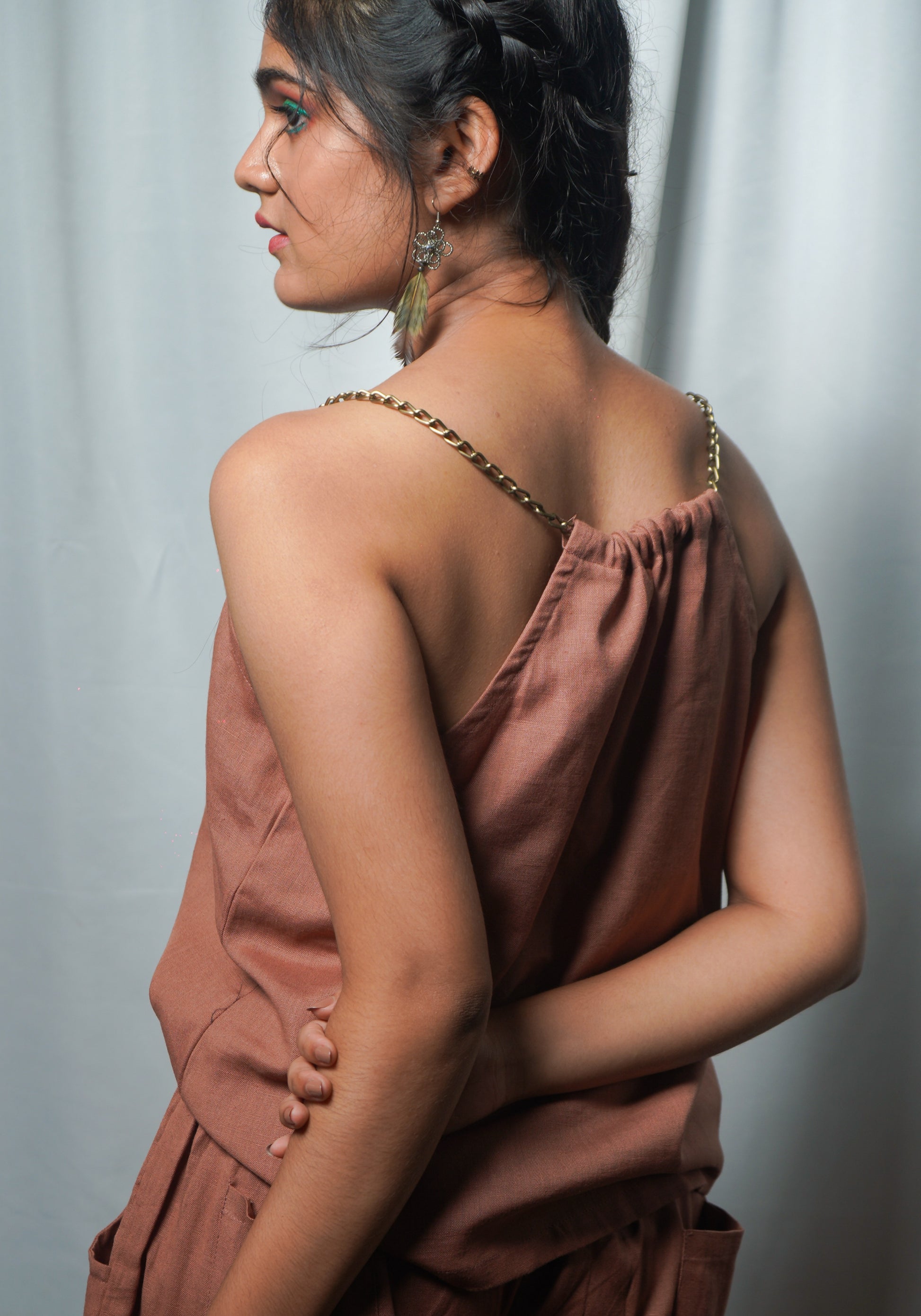 Back view of Chain strap cami top showing gathered back neckline.