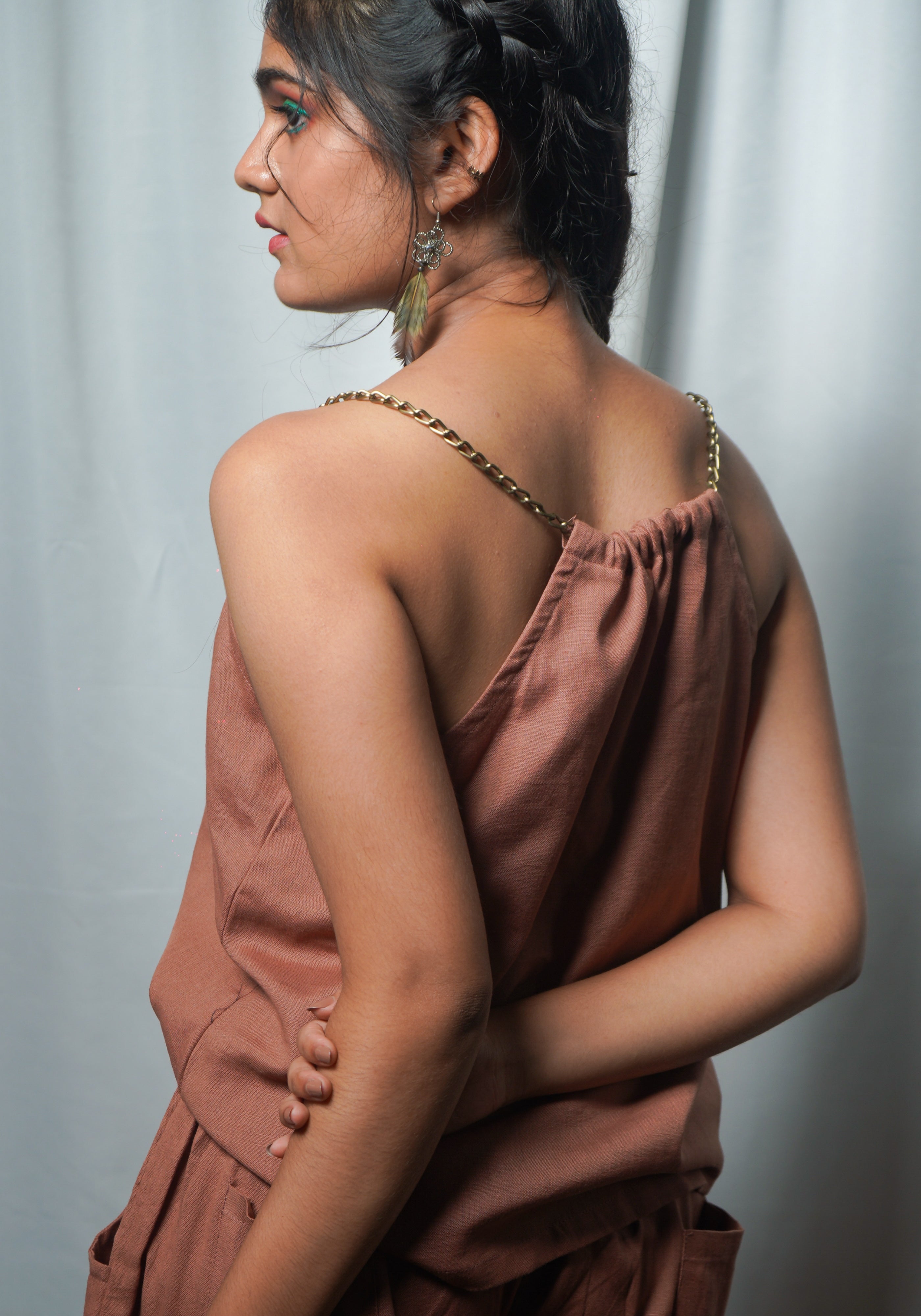 Back view of Chain strap cami top showing gathered back neckline.