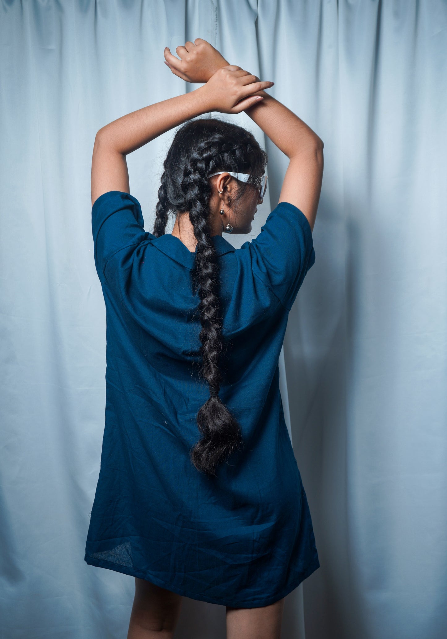 Back view of the teal shirt dress.