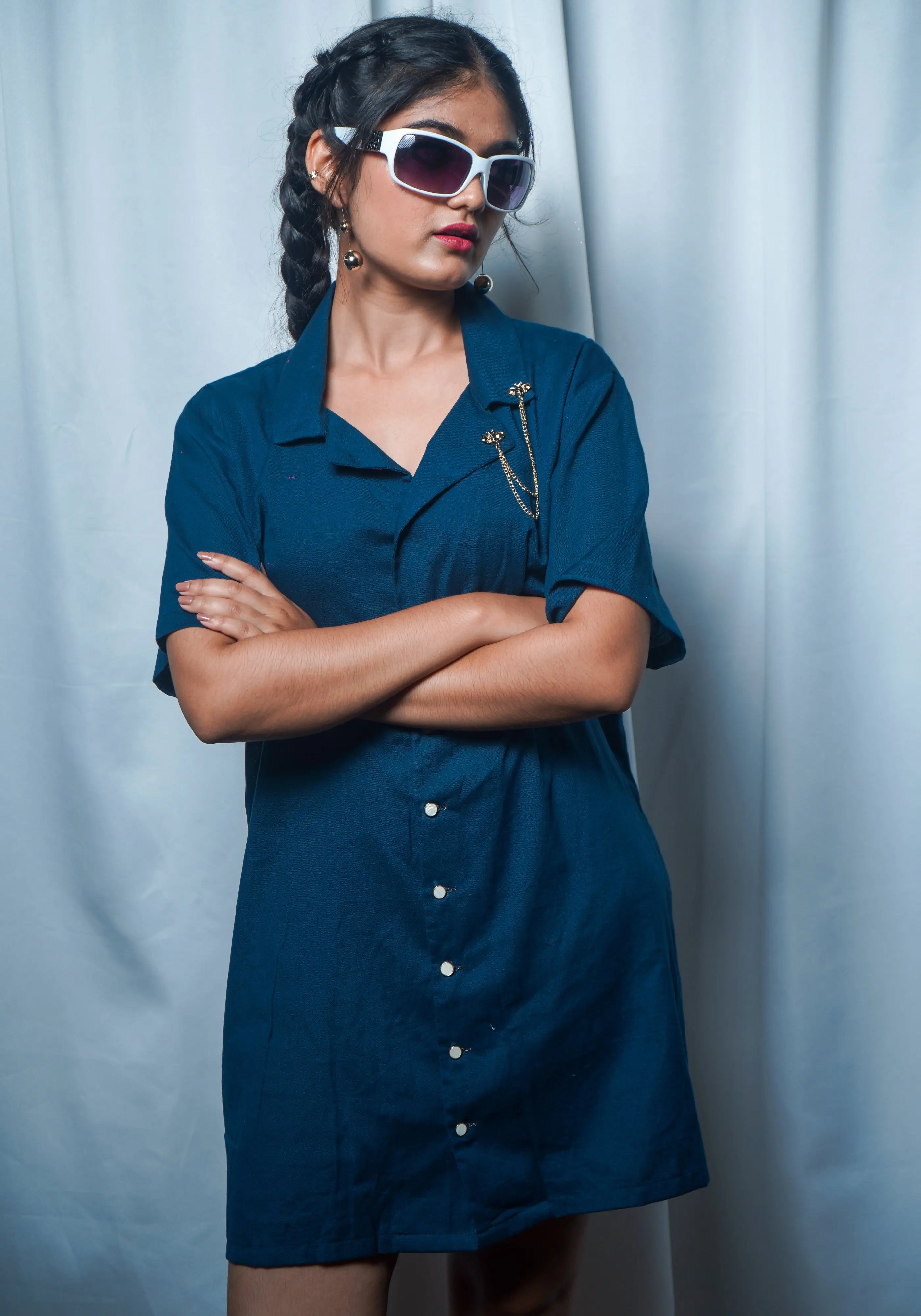 Teal blue cotton linen shirt dress with  resort collar styled for a casual look.